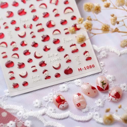 Image of Apple Nail Stickers Red Nail Decals Jelly with Design 5D Embossed Self Adhesive Nails Art Stickers Glitter Apples Nail Art Decals Charms Supply for Women Girls Kid Manicure DIY Decoration