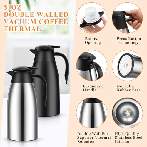 Image of Norme 2 Pcs Thermal Coffee Carafe Insulated Stainless Steel Coffee Carafe for Hot Liquid Vacuum Thermal Pot Creamer Pitcher Dispenser with Brushes Keeping Hot Water Milk(Black, Silver,68 oz)
