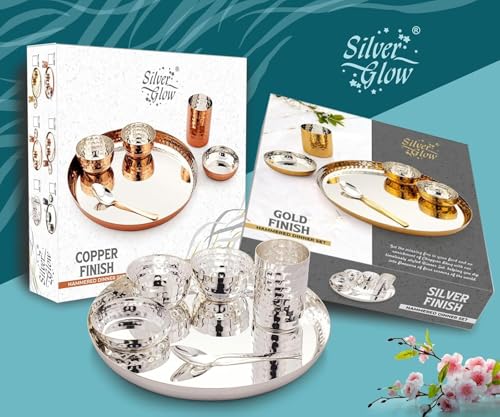Image of Silverglow Hammered Stainless Steel Dinner Set for 4 People, Silver Plated dinnerware Set of 24 pcs, Diwali Wedding Return Gift, Pure-Silver Plate Set Original