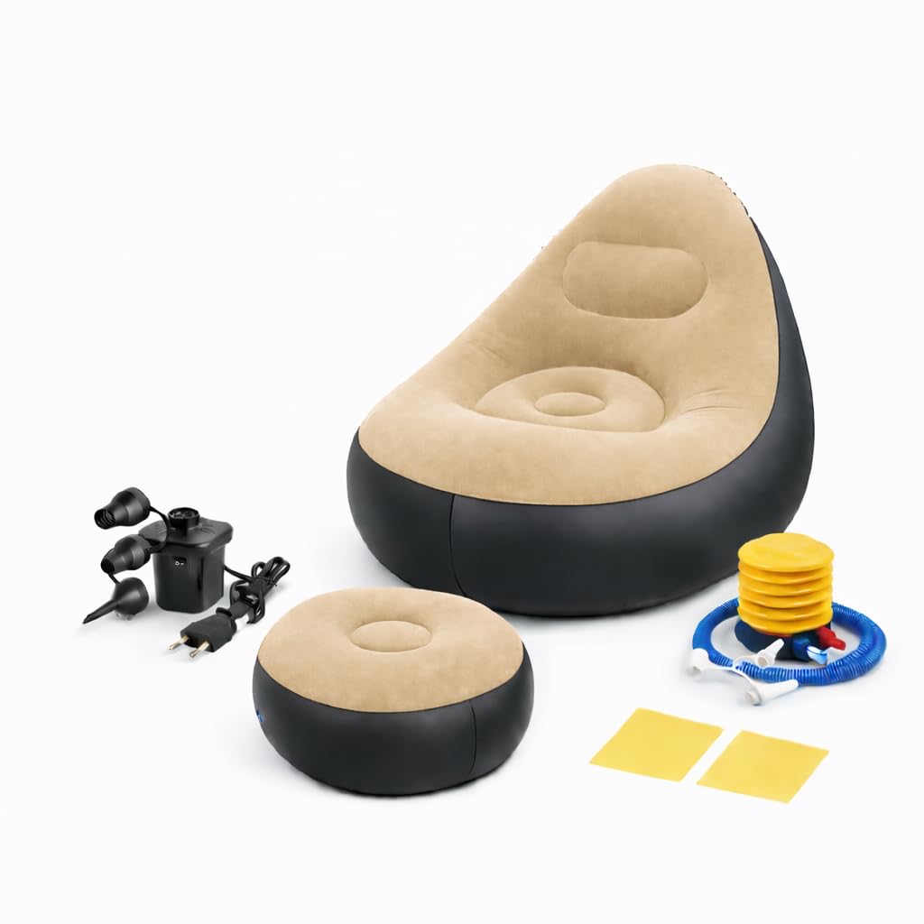 Inflatable Air Sofa Chair with Ottoman, Wider Grounded Plush Flocked Lounge Chair with Electric & Manual Pump Included, Portable Foldable for Home, Office,Balcony, Beach & Camping (Khaki)-image-44
