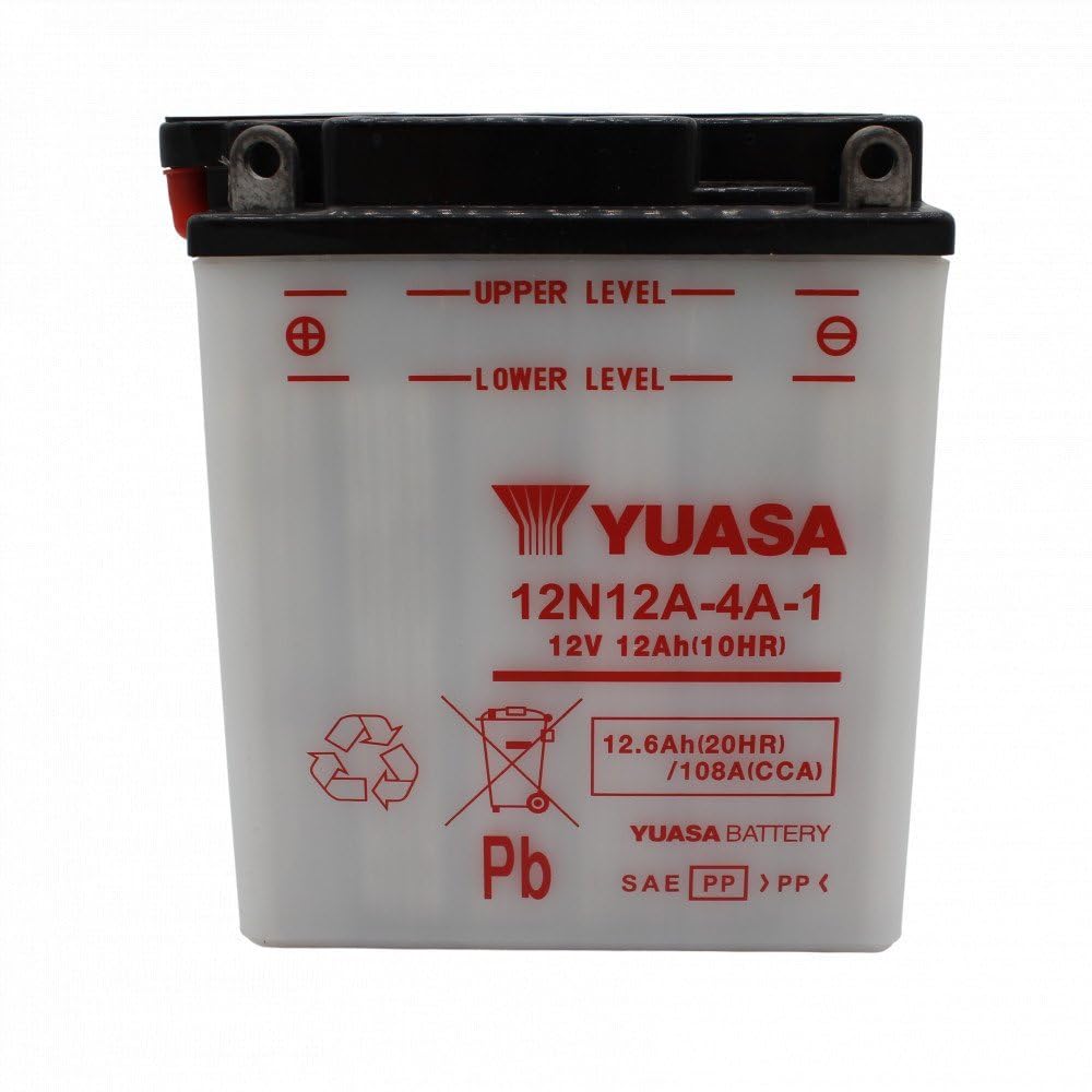 YUASA 12N12A-4A-1 Batterie de Moto, Noir | Types équivalents YB12A-A, 6S3P; 134 × 80 × 160 millimètres, 120 ampères de démarrage à froid, 0,7 litre, dégazage à gauche