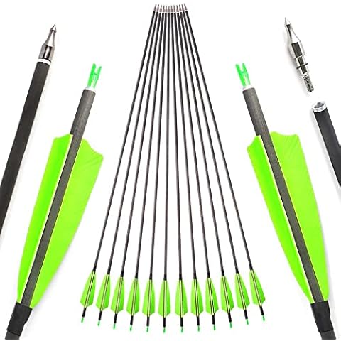 SHARROW 33 inch Carbon Arrow Hunting Arrows 400 Spine with 100 Grain Removable Tips for Archery Compound & Recurve & Traditional Bow Hunting Practice Shooting 6/12pcs (12pcs, Green) Cover