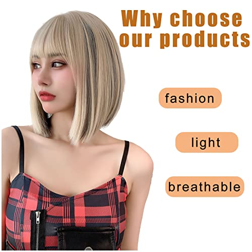 Lotfon Bob Wig with Bangs for American Womens Short Bob Wavy Hair Wigs for Women (Blonde Mix Black)