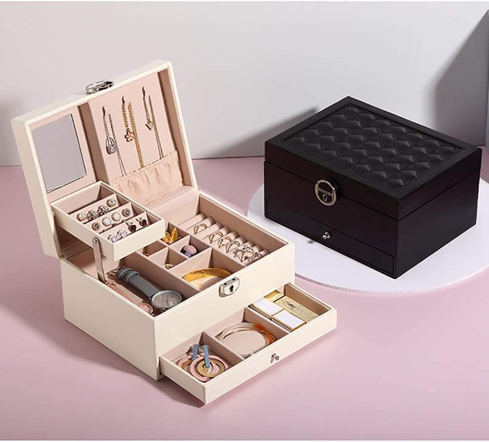 Caja De Joyería Caja De Joyería Caja De Joyería Con Cerradura Organizador Con Cajones Espejados Caja De Almacenamiento De Joyas Pendientes Anillos Caja De Exhibición Organizador De Joyas(Beige)