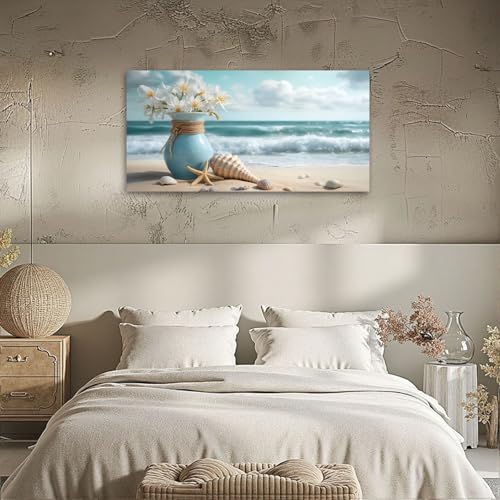 PHOMMODITIAS Ocean Canvas Wall Art for Living Room Wall Decor for Bedroom Office Blue Ocean Beach Starfish White Flower Coastal Seascape Seaside Contemporary Home Artwork