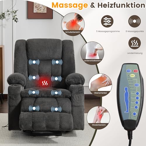 PALLOME Elektrischer Aufstehsessel für Senioren, Fernsehsessel Relaxsessel mit Massage & Wärme, Liegesessel mit Aufstehhilfe, Massagesessel Wohnzimmer (Grau) – Bild 4