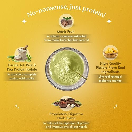 Image of Cosmix No Nonsense Plant Protein | Brown Rice & Pea Isolate | Easy Digestion | 24g Protein /serving | Gluten & Lactose Free Ratnagiri Mango, 500 g (Pack of 1)