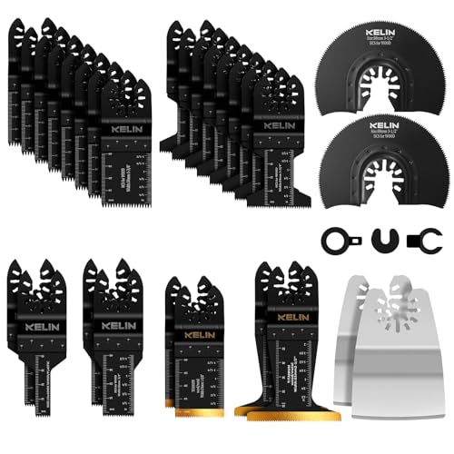 KELIN Juego de 28 hojas de sierra multiherramienta multifunción, accesorios de madera, plástico, metal, universales, herramientas oscilantes, accesorios, compatibles con Ryobi, Parkside, Makita