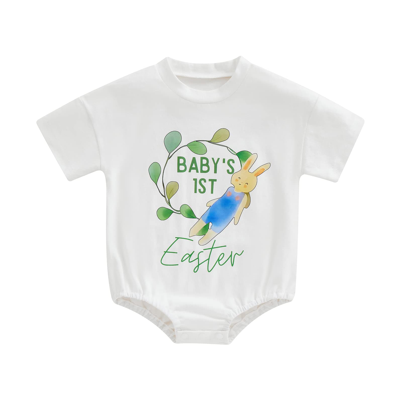 Baby Easter Outfit Newborn Girl Boy Bunny Letter Print Romper Tops Short Sleeve Shirt 1st Easter Summer Clothes (White Baby's 1st Easter,6-12 Months)