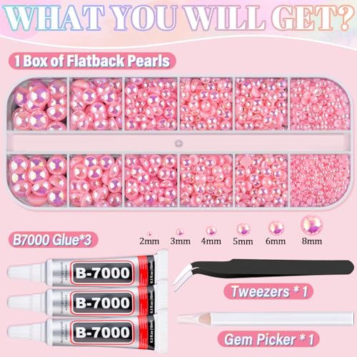 Image of Flatback Pearls for Crafting with 3Pcs 10ml B7000 Jewelry Glue, 1 Box of Half Round Pink AB Pearls, Bedazzling Beads for DIY Crafts Clothing Tumblers Shoes Embellishment Nail Art