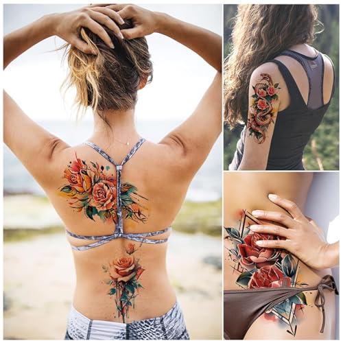 Image of MAYCREATE 6 Sheets Watercolor Rose Temporary Tattoos For Women Arm Girls Adults, Water Color Peony Flower Tattoo Sticker, Bulk Temp Fake Long Lasting Colorful Floral Tattoo 21x11.4cm