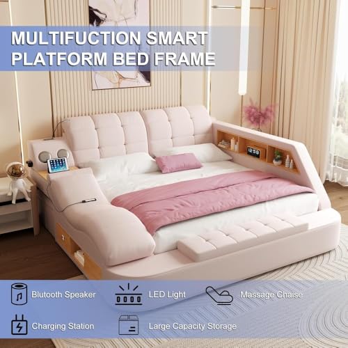 King Size Smart Multifunctional Bed Frame, Luxury Smart King Bed Frame Bedroom Furniture with Massage Recliner, Bluetooth Speake, USB Charging Station, Leather Headboard