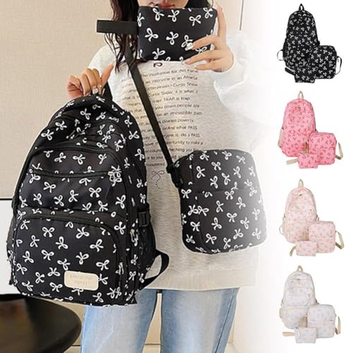 3pcs Bow Backpack Bags Set,Aesthetic Nylon Rucksack Cute Kawaii Backpack 3Pcs Set with Bow Pattern,Daypack Bow Rucksack with Built-in Organizer2