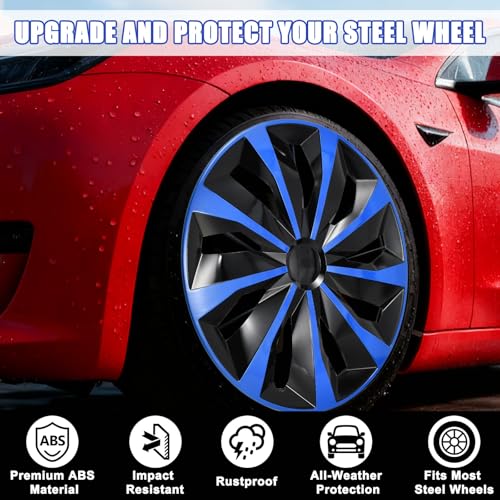 Image of Black with Blue Hubcap Wheel Cover Replacement Kit 17 inch Hub Caps Wheel Rim Cover Car Exterior Accessories Pack of 4, 17 Inches
