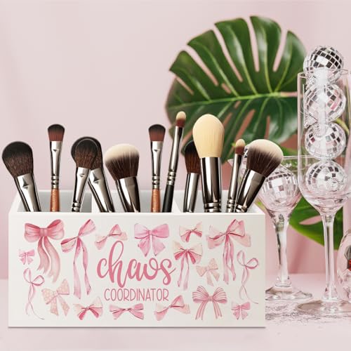 Image of Thank You Appreciation Gifts for Women Boss Coworker Manager Nurse Employee Social Workers Wooden Pen Pencil Holder,Coquette Pink Bow Chaos Coordinator Makeup Brush Toothbrush Holder Organizer