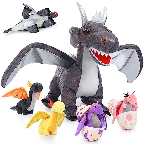 Image of MorisMos Dragon Stuffed Animal, Large Dragon Plush Toy Mommy & Babies Set, Giant Mommy Stuffed Dragon with Babies Inside, Gift for Dragon Lovers, Kids, Boys, Christmas, 4 Baby Dragons, 2 Dragon Eggs