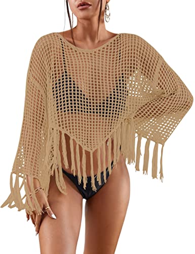 Bsubseach 2025 Beach Cover Up for Women Fringe Crochet Top Summer Bikini Coverups Long Sleeve Hollow Out Swimsuit Coverup