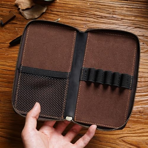 Image of Genuine Leather 5-Slot Pencil Case, Portable Travel Pen Organizer | Versatile organizer for art supplies, office essentials, makeup brushes, suitable for men, women, students, artists.coffee