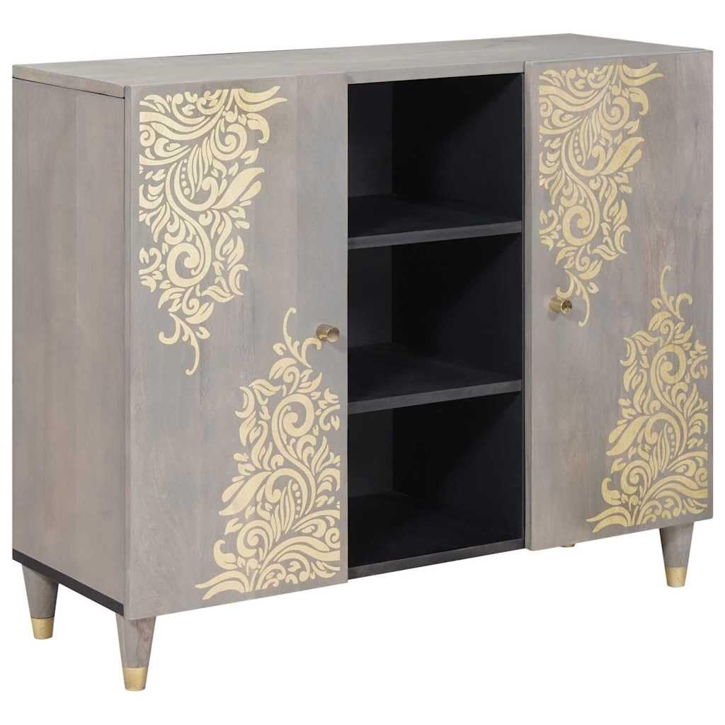 Credenza grigio e oro in legno massello mango 90 x 33 x 75 cm con pomelli in ottone e design serigrafato, vano portaoggetti con 2 ante a cerniera per soggiorno, media, hifi e stoccaggio