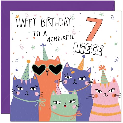 7th Niece Birthday Cards - Childrens Cute Cat Niece Birthday Card for 7 Year old Kids seven, seventh