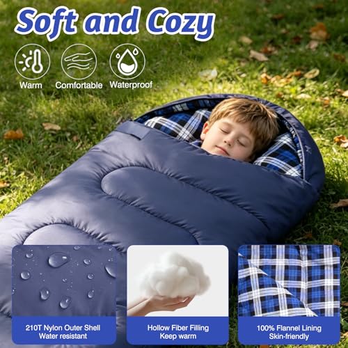 Uniqwamer Bolsa de Dormir para Niños para Niñas y Niños - Bolsa de Dormir para Camping de Franela Ligera e Impermeable para Clima Frío y Cálido de 4 Temporadas 45°F miniatura 3