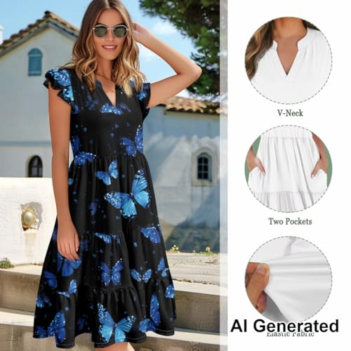 Image of Women's Casual Ruffle Sleeve Dress V Neck Pullover Dress Flowy A-Line Pleated Lightweight Dress with Pockets