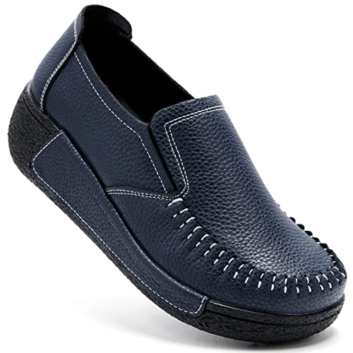 Image of UZB Women's Slip On Loafer Leather Comfort Casual Platform Shoes