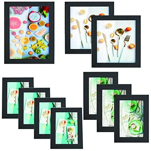 10 pack Picture Frame Set, Freestanding Photo Frame Set, Wooden Frame and Glass Front, Hanging and Desktop, Black, for Memory Storage, Pictures, Certificates, Cards Cover