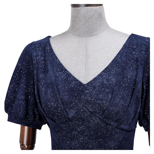 Image of Miusol Women's Retro V-Neck Elegant Glitter Wrap Ruched Puff Sleeve Cocktail Party Dress