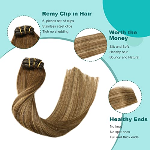 SURNEL Hair Extensions Clip in Real Human Hair Dark Brown Balayage Caramel Blonde Highlights Brown Human Hair Extensions Full Head 6pcs 14inch 100g (C#/4/27/4,14'') - Image 4