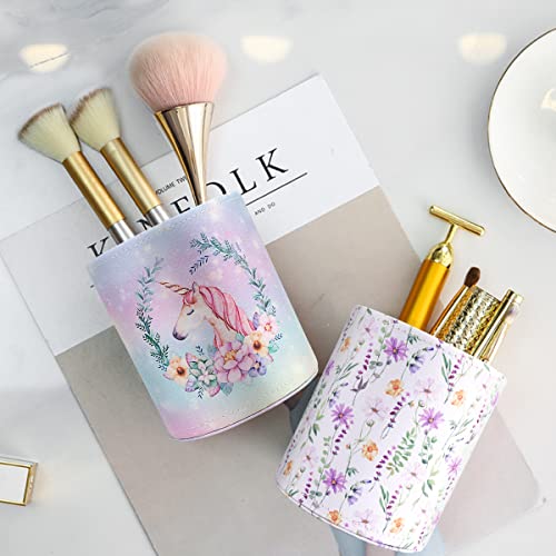 Image of Pen Holder, Makeup Brush Holder Leather Cute Vintage Flowers Pattern Pencil Cup for Girls Kids Women Durable Stand Desk Organizer Storage Gift for Office, Classroom, Home, Cute Flower