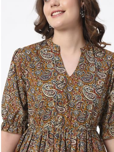 Image of Women's Fit and Flare Dress I Pure Cotton Long Summer Maxi Dress I V-Neck I Casual Wear I Printed Kalamkari Floral Middi