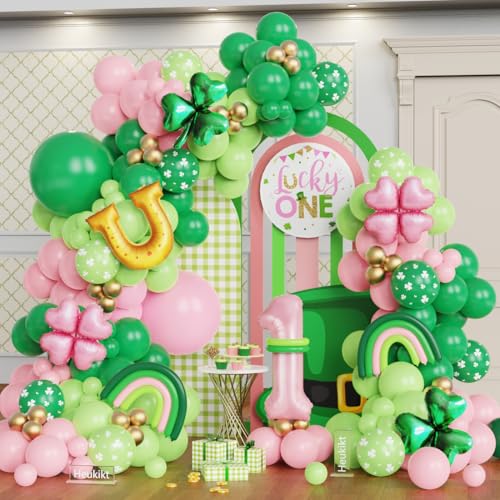Green Pink St. Patricks Day Balloon Garland Arch Kit Green Print Shamrock Balloons with Letter U Pink Lucky Clover Foil Balloon for Lucky One Girls Birthday Irish Festival Party Decorations