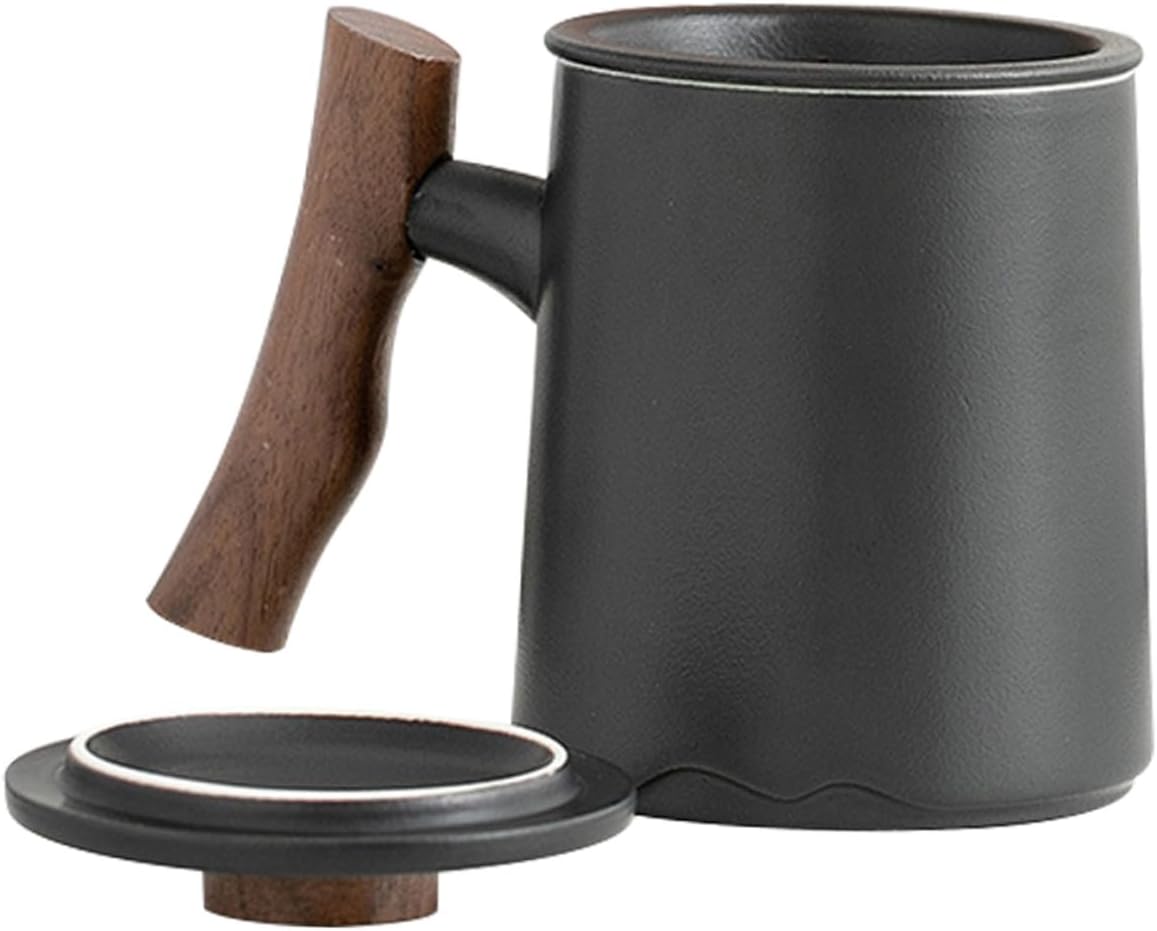Alipis 360ml Black Ceramic Tea Mug with Infuser and Wooden Handle Stylish Drinking Cup for Home or Office for Tea Lovers