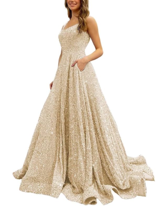 A Line Sequin Prom Dresses for Women 2025 Spaghetti Straps Long Ball Gowns Glitter Formal Party Dress with Pockets EDE021