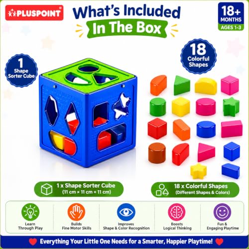 Image of PLUSPOINT Shape Sorter Toy for Kids 1-3 Years | Montessori Educational Learning Toy | 18 Colorful Shape Blocks & Sorting Cube | Shape & Color Recognition | Gift for Boys & Girls