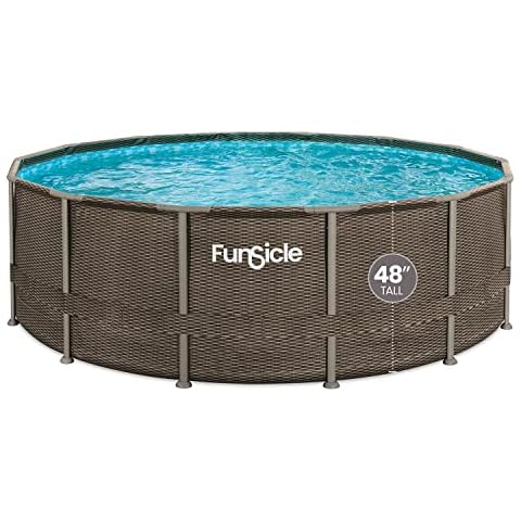 Funsicle 14ft x 48in Round Oasis Designer Above Ground Pool, Dark Double Rattan with SkimmerPlus Filter Pump & Ladder Cover