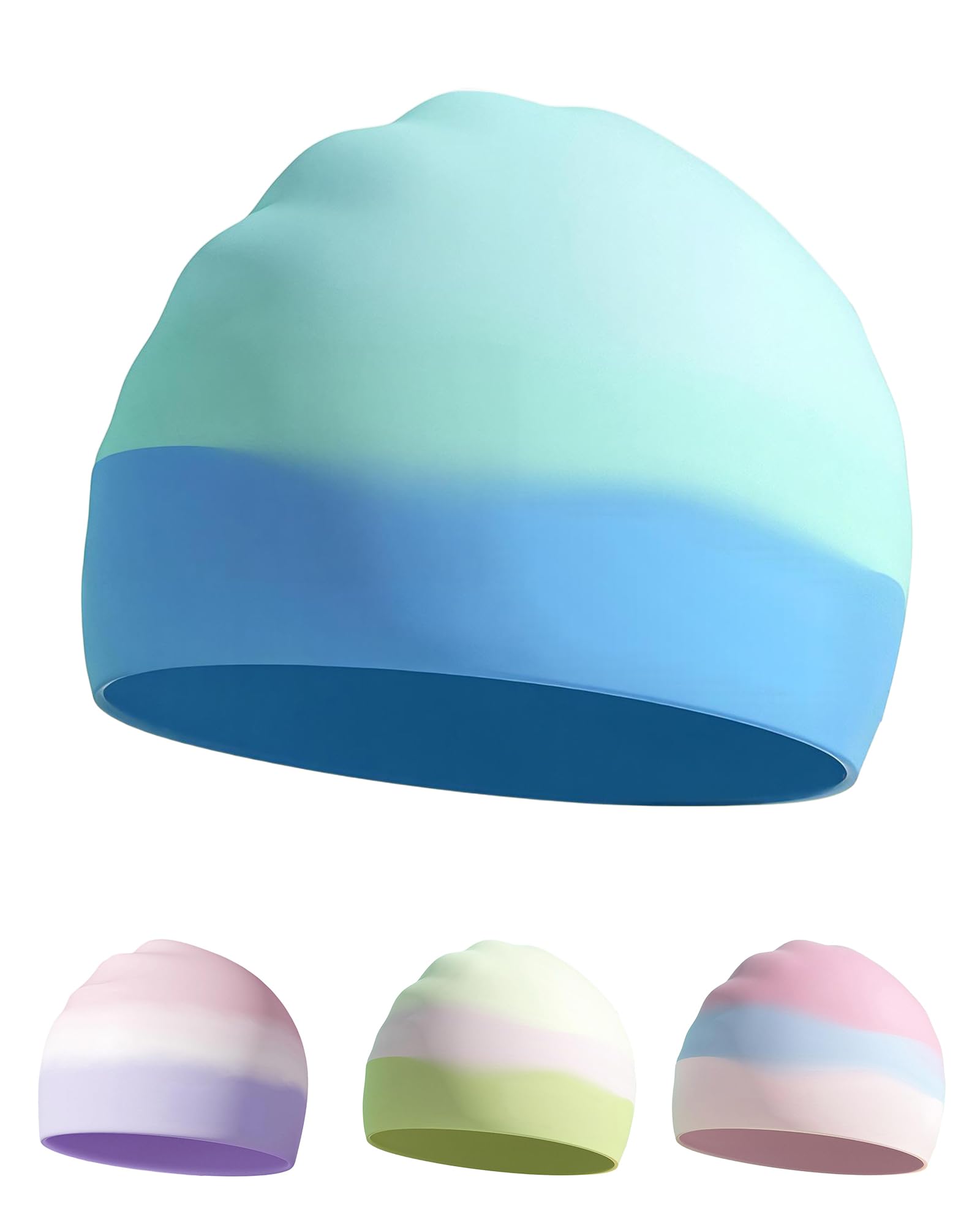 Kids Swimming Cap for Ages 6-14, Safe Silicone, Waterproof, Anti-Slip, Vibrant Gradient Colors (Blue Gradient)