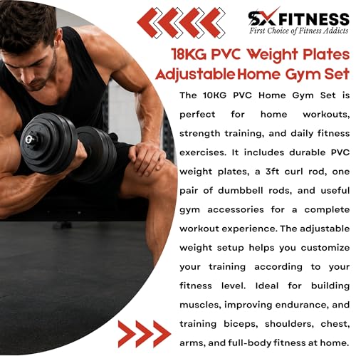 Image of Home Gym Combo, Home Gym Set, Gym Equipment Set, PVC (8-24Kg),Fitness Set, with 3ft Curl Rod + Pair of Dumbbell Rods, Home Gym Kit with Accessories (18)