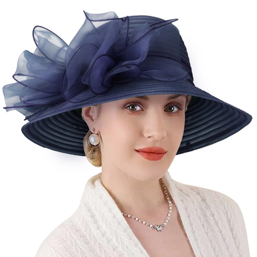 DRESHOWWomen Organza Hat Church Cap Hats Cocktail Tea Party Wedding Bridal Flower Hat with Wide Brim