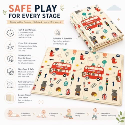 Image of WENGTY BPA Free Extra Large Big Size Non Slip Reversible Bus & Road Print Baby Play Mat for Learning & Crawling,Foldable Foam Floor Mats for Toddlers Kids Play Room (200X150CM 8MM Thickness)