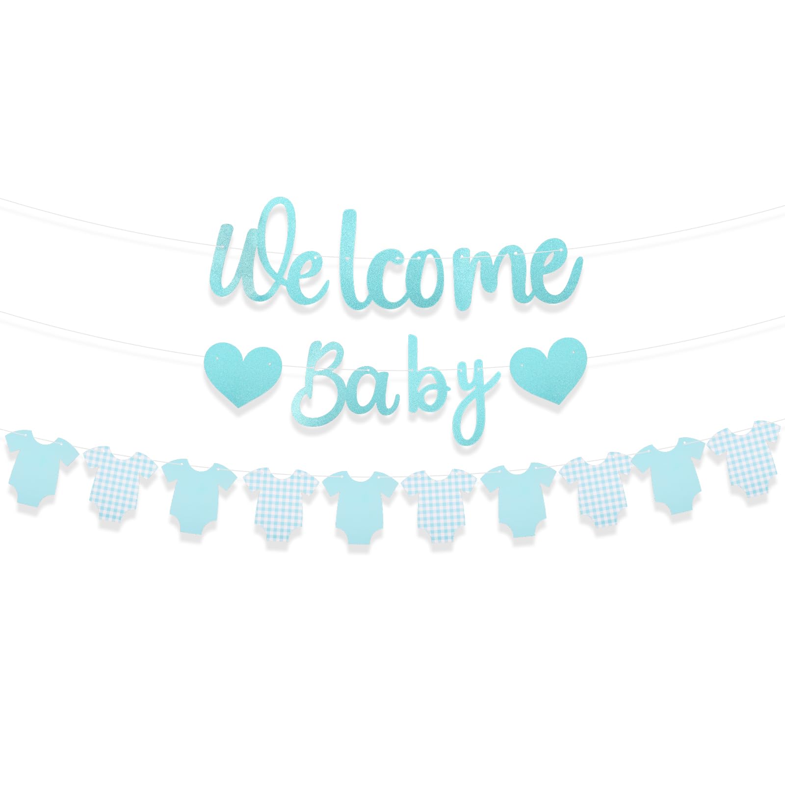 3 Pcs Blue Welcome Baby Bodysuit Banner Set, Pre-Strung Blue Glitter Banner & Bodysuit Hanging Bunting Decor for Baby Boy Shower Party Decorations