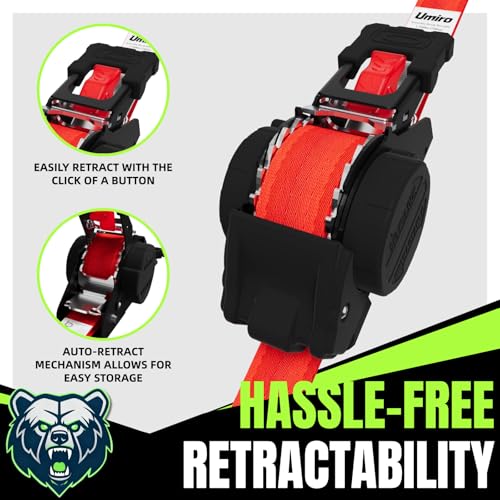 Image of Retractable Ratchet Straps, 4-Pack, 1 Inch x 12 Feet Heavy Duty Tie Downs, 1760lb Break Strength, Self Retracting for Truck, Cargo, Trailer, Motorcycle, ATV, UTV (Red, 4pack)