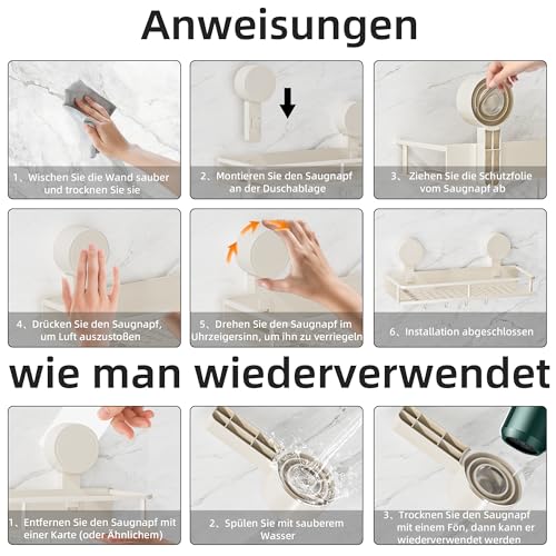 Wisfame Saugnapf Ohne Bohren Duschablage,10kg Tragfähigkeit Badregal für Shampoo Conditioner,Abnehmbare und Rostfreie Badezimmer Organizer mit Großer Kapazität,weiß