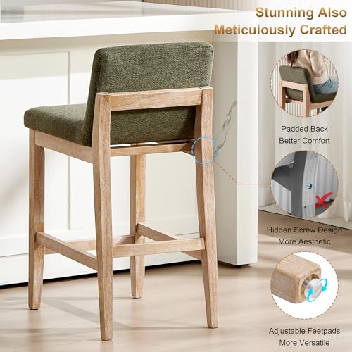 Image of Zesthouse Wood Bar Stools Counter Height Set of 4, 26 inch Modern Bar Stools with Back & Solid Wooden Leg, Mid Century Farmhouse Barstools, Green Linen High Chairs for Kitchen Island, Antique Brown Finish