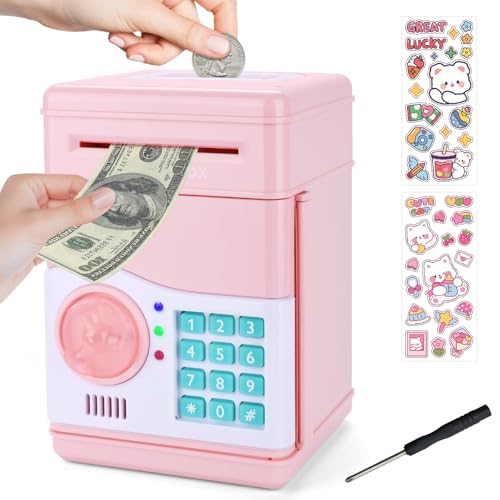 TAVADA Hucha electrónica para niños, Caja Fuerte Niños con Contraseña, Función de cobro automático de Efectivo y verificación de Billetes, Incluye 2 Pegatinas, Destornillador