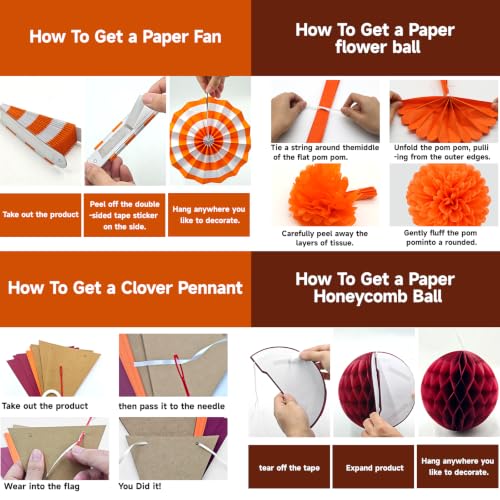 Image of 24 Pcs Fall Party Decorations, Burgundy Orange Paper Fans and Pom Poms Set