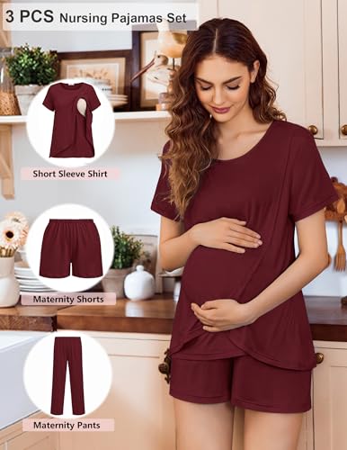 Image of Ekouaer 3 PCS Maternity Nursing Pajamas Set Postpartum Breastfeeding Short Sleeve Shirts, Pregnancy Shorts & Pants Pjs S-XXL
