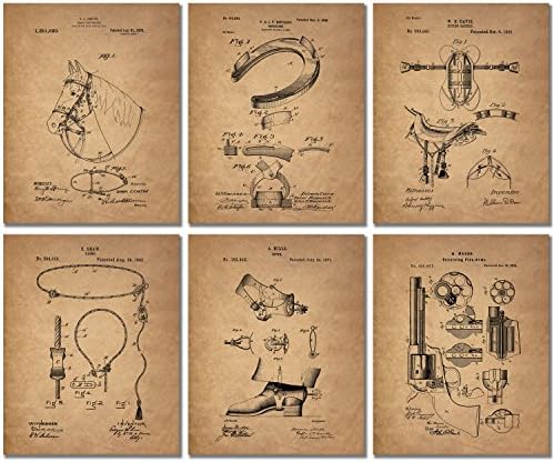 Cowboy Patent Art Prints - Set of 6 Western Wall Decor Photos Spurs Colt Peacemaker Lasso Bridle Saddle Horseshoe