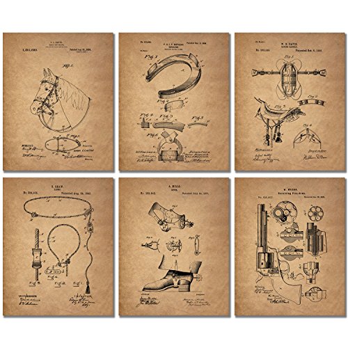 Image of BigWig Prints Cowboy Patent Wall Art - Western Decor, Lasso, Colt Peacemaker, Bridle, Saddle, Spurs, Horseshoe, Rustic Farmhouse Wall Art, Cowboy Posters for Home or Office - Unframed Set of 6 (8x10)